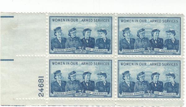 United States | Women In Our Armed Services Plate Block of Four 3-Cent US Postage Stamps Issued 1952 Deep blue Stamp Deep blue