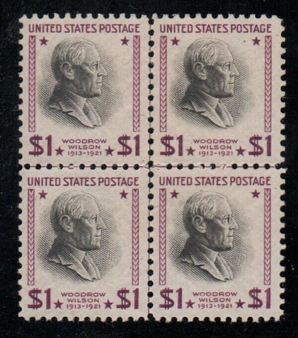 United States | Woodrow Wilson Block of Four One Dollar United States Postage Stamps Issued 1938 Purple and black Stamp Purple & black