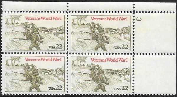 United States | World War I Veterans Plate Block of Four 22-Cent United States Postage Stamps Issued 1985 Gray green and red rose Stamp Gray green & red rose