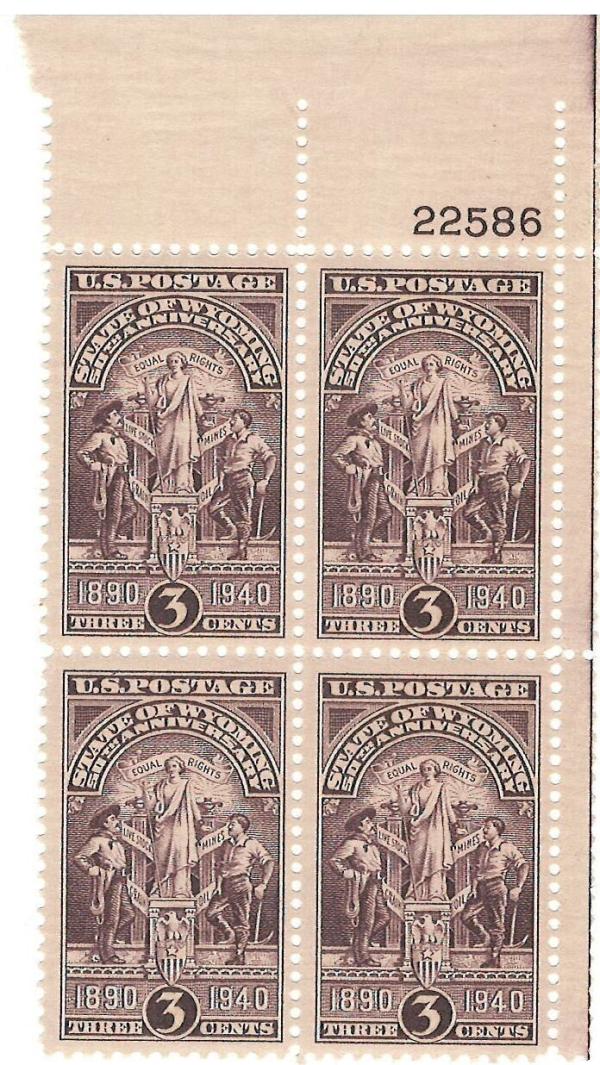 United States | Wyoming Statehood Plate Block of Four 3-Cent United States Postage Stamps Issued 1940 Stamp United States