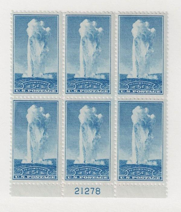 United States | Yellowstone National Park Plate Block of Six 5-Cent United States Postage Stamps Issued 1934 blue Stamp Blue