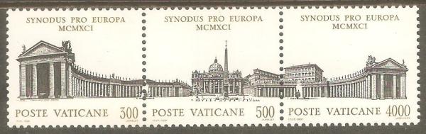 Europe | Synod Strip of Three Vatican City Postage Stamps Issued 1991 Black and Olive Europe Black & Olive