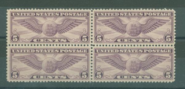 United States | 1930 Winged Globe Block of Four 5-Cent US Air Mail Postage Stamps Violet Stamp United States