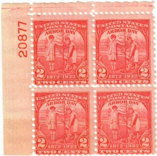 United States | Arbor Day Plate Block of Four 2-Cent United States Postage Stamps Issued 1932 Red Stamp Red