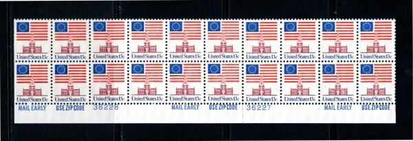 United States | Flag Over Independence Hall Plate Block of Twenty 13-Cent US Postage Stamps Issued 1975 Dark blue, red and brown red Stamp Dark blue, red & brown red