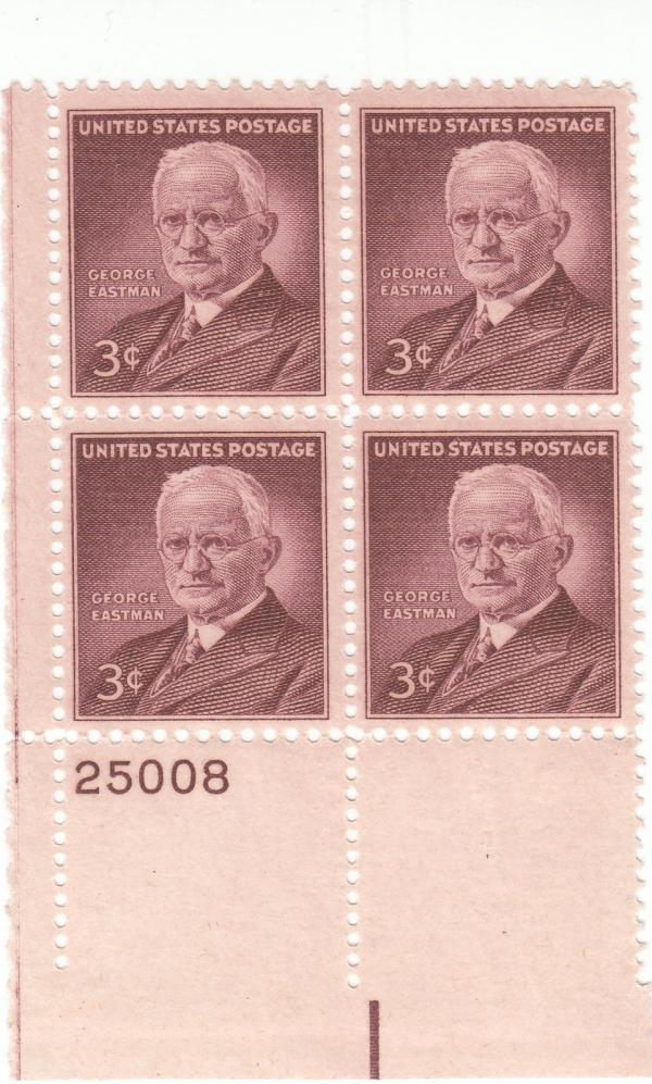 United States | George Eastman Plate Block of Four 3-Cent United States Postage Stamps Issued 1954  Violet brown Stamp United States