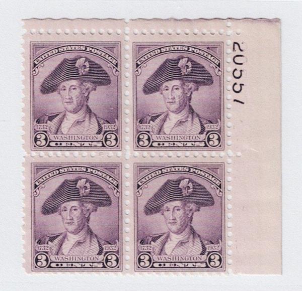 United States | George Washington Bicentennial Plate Block of Four 3-Cent United States Stamps Issued 1932 Deep violet Stamp Deep violet