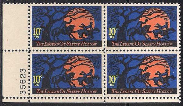 United States | Legend of Sleepy Hollow Plate Block of Four 10-Cent US Postage Stamps Issued 1974 Dark blue, black, orange, and yellow Stamp Dark blue, black, orange, & yellow