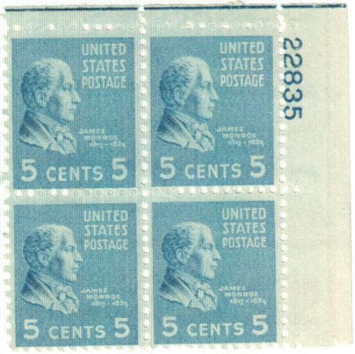 United States | 1938 James Monroe Plate Block of Four 5-Cent United States Postage Stamps Bright blue Stamp Bright blue