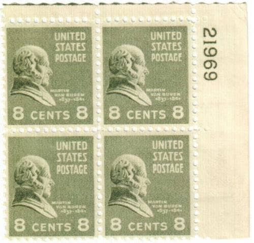 United States | 1938 Martin Van Buren Plate Block of Four US 8-Cent Postage Stamps Mint Never Hinged Stamp United States