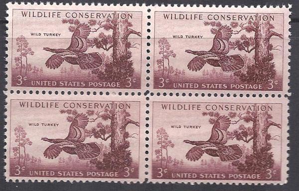 United States | 1956 Wild Turkey Wildlife Conservation Block of Four 3-Cent United States Postage Stamps Rose lake Stamp Rose lake