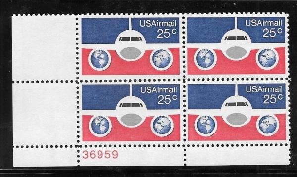 United States | Airplane and Globes Plate Block of Four 25-Cent US Air Mail Postage Stamps Red, blue, and black Stamp Red, blue, & black