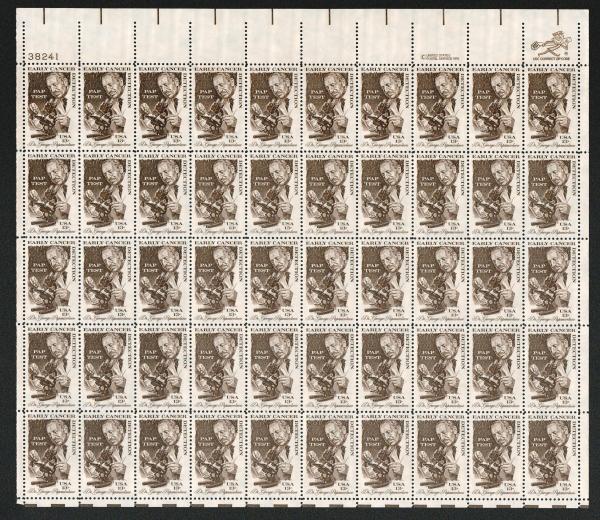 United States | Cancer Detection Sheet of Fifty 13-Cent United States Postage Stamps Issued 1978 Brown Stamp Brown