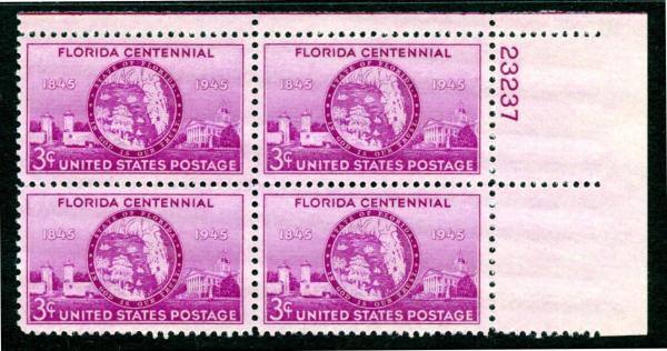 United States | Florida Statehood Plate Block of Four 3-Cent United States Postage Stamps Issued 1945 Stamp United States