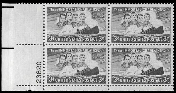 United States | Four Chaplains Plate Block of Four 3-Cent United States Postage Stamps Issued 1948 Gray black Stamp Gray black