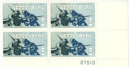 United States | Gettysburg Plate Block of Four 5-Cent United States Postage Stamps Issued 1963 Gray and blue Stamp Gray & blue