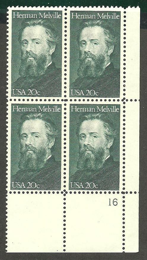 United States | Herman Melville Plate Block of Four 20-Cent United States Postage Stamps Issued 1984 Sage green Stamp Sage green