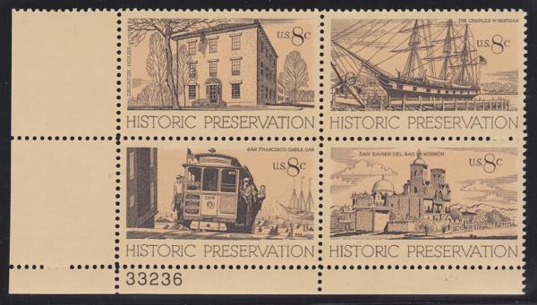 United States | Historic Preservation Plate Block of Four 8-Cent United States Postage Stamps Issued 1971 Black brown and ocher Stamp Black brown & ocher