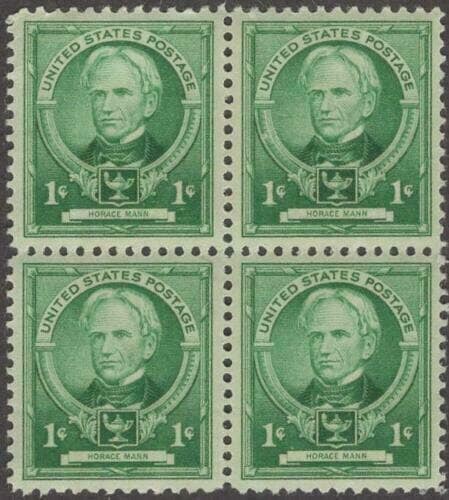 United States | Horace Mann Block of Four 1-Cent United States Postage Stamps Issued 1940 Bright blue green Stamp Bright blue green