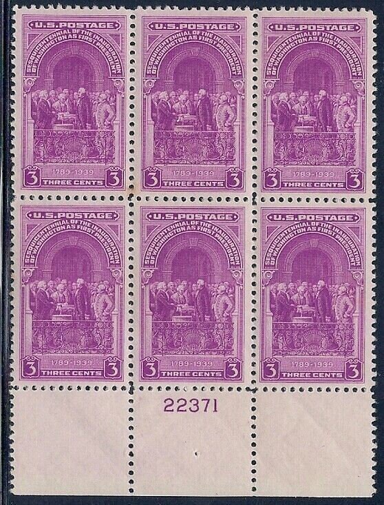 United States | Inauguration Of Washington Sesquicentennial Plate Block Of Six 3-Cent US Postage Stamps Issued 1939 Bright red violet Stamp Bright red violet