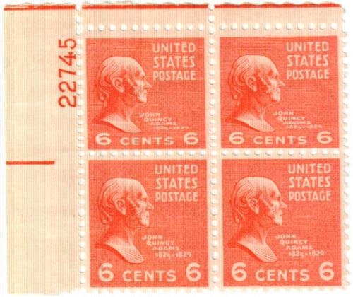 United States | John Quincy Adams Plate Block of Four 6-Cent US Postage Stamps Issued 1938 Red orange Stamp Red orange