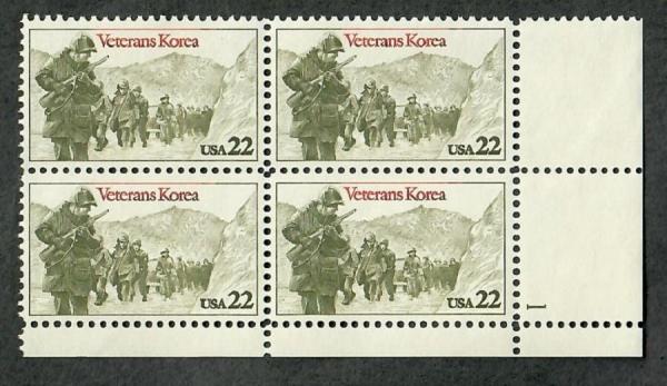 United States | Korean War Veterans Plate Block of Four 22-Cent United States Postage Stamps Issued 1985 Gray green and rose red Stamp Gray green & rose red