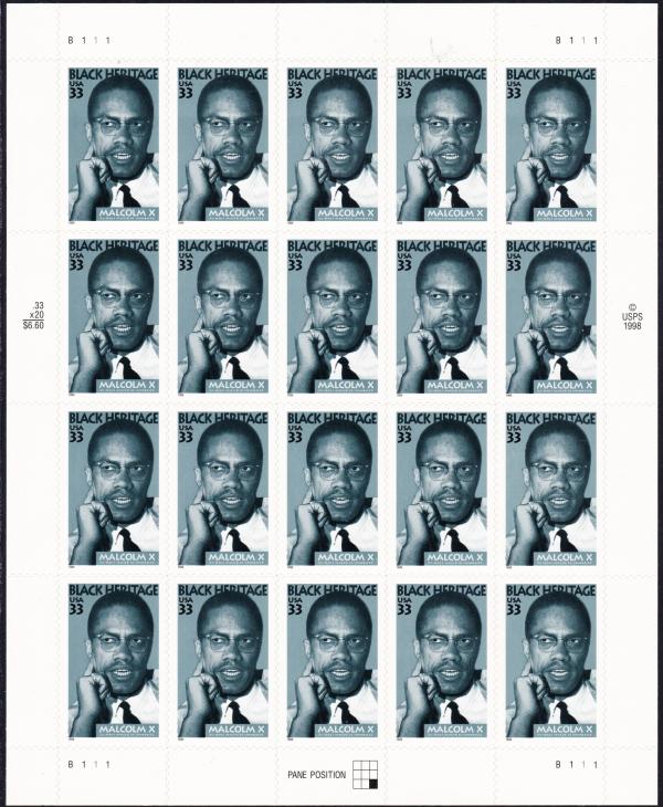 United States | Malcolm X Sheet of Twenty 33-Cent United States Postage Stamps Issued 1999 Stamp United States