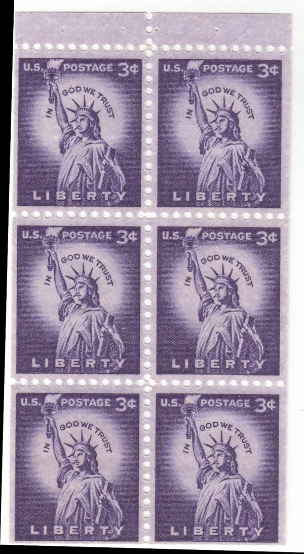 United States | Statue of Liberty Booklet Pane of Six 3-Cent United States Postage Stamps Issued 1954 Deep violet Stamp Deep violet