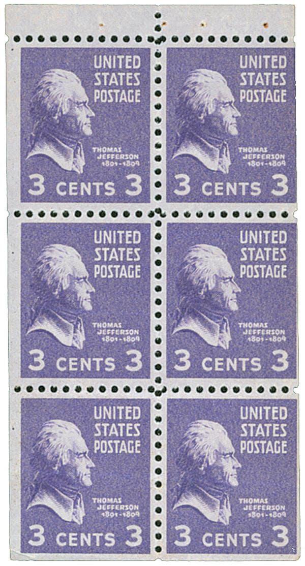 United States | Thomas Jefferson Booklet Pane of Six 3-Cent United States Postage Stamps Issued 1938 Deep violet Stamp Deep violet