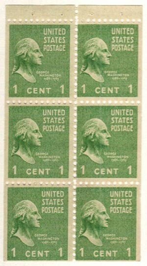 United States | 1938 George Washington Booklet Pane of Six 1-Cent United States Postage Stamps Green Stamp Green