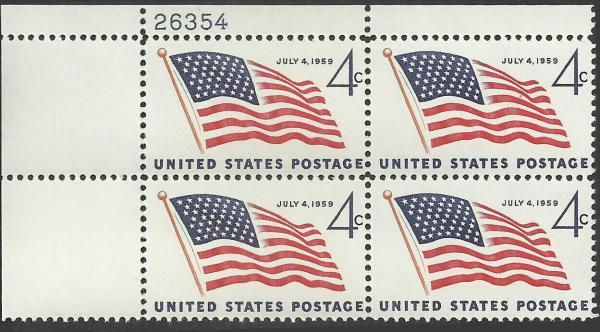 United States | 49 Star Flag Plate Block of Four 4-Cent United States Postage Stamps Issued 1959 Stamp United States