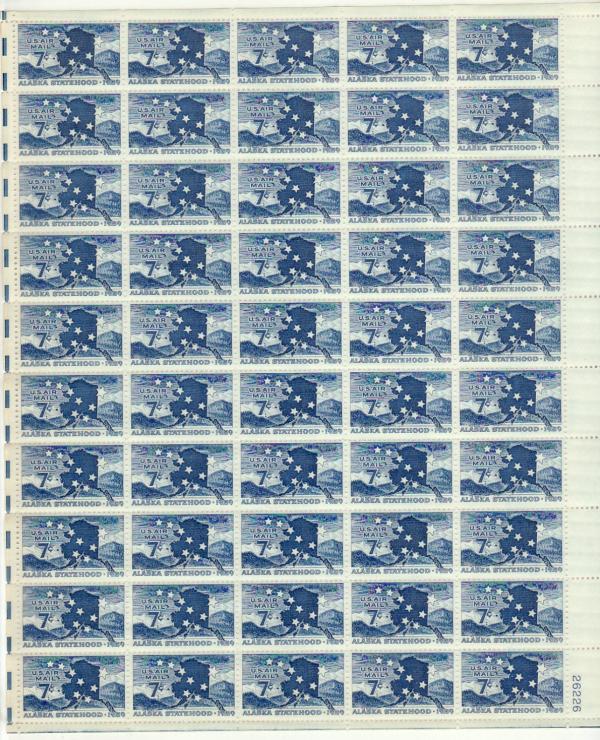 United States | Alaska Statehood Sheet of Fifty 7-Cent United States Air Mail Stamps Issued 1959 Dark blue Stamp Dark blue