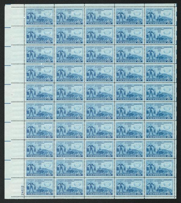 United States | American Automobile Association Sheet of Fifty 3-Cent United States Postage Stamps Issued 1952 Stamp United States