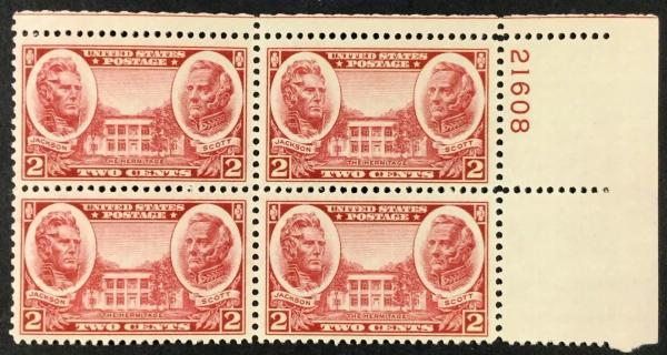 United States | Jackson and Scott Plate Block of Four 2-Cent United States Postage Stamps Issued 1937 Stamp United States