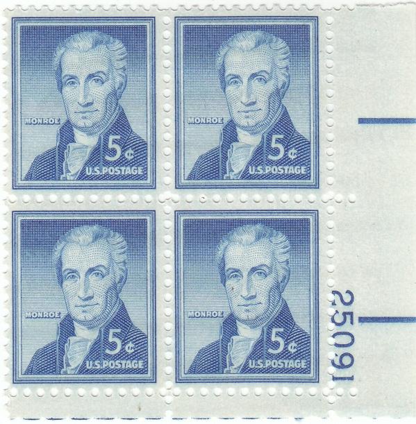 United States | James Monroe Plate Block of Four 5-Cent United States Postage Stamps Issued 1954 Deep blue Stamp Deep blue