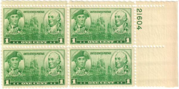 United States | John Paul Jones and John Barry Plate Block of Four 1-Cent United States Postage Stamps Issued 1936 Stamp United States