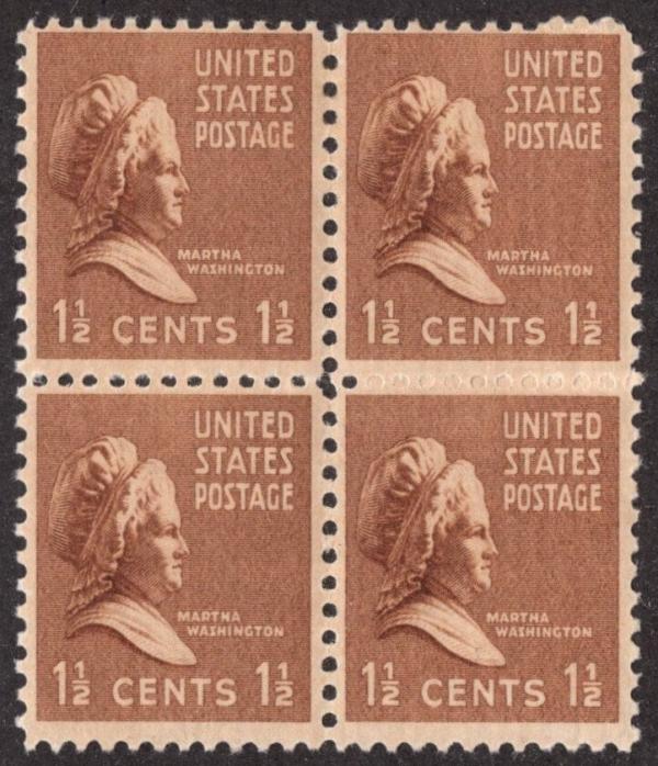 United States | Martha Washington Block of Four United States Postage Stamps Issued 1938 Bister brown Stamp Bister brown