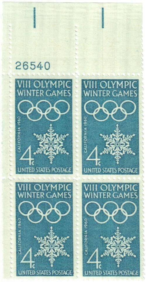 United States | Olympic Winter Games Plate Block of Four 4-Cent United States Postage Stamps Issued 1960 Dull blue Stamp Dull blue