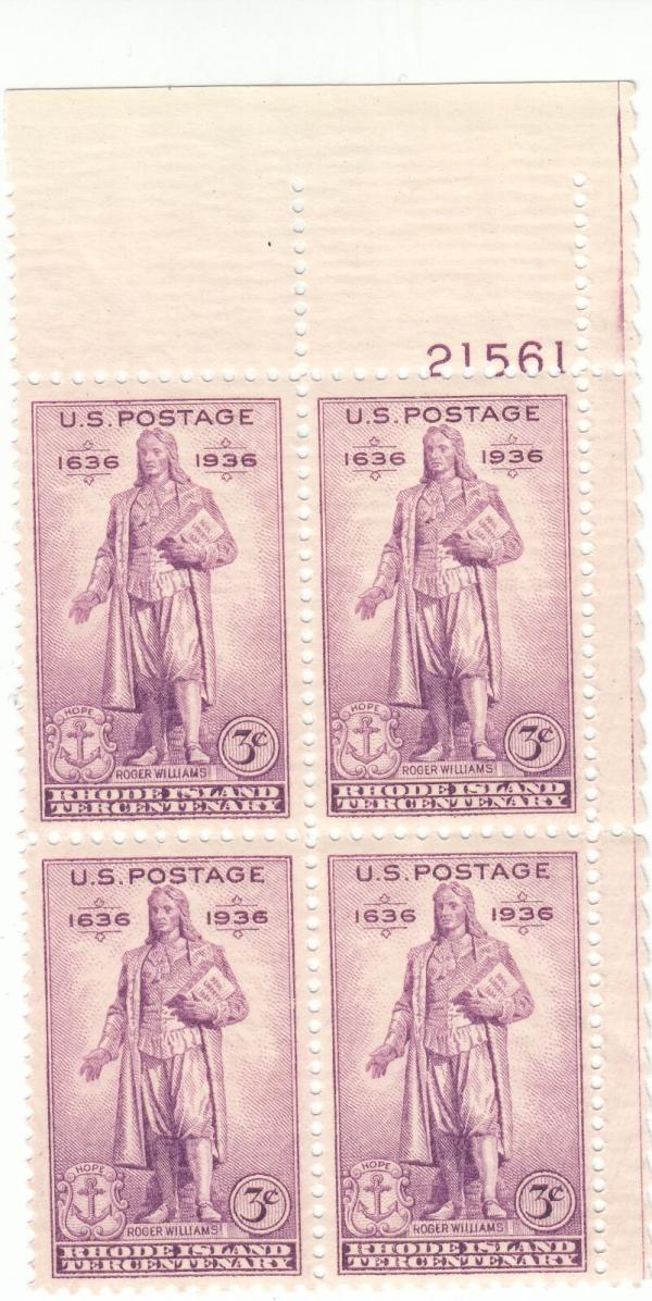 United States | Rhode Island Plate Block of Four 3-Cent United States Postage Stamps Issued 1936 Stamp United States