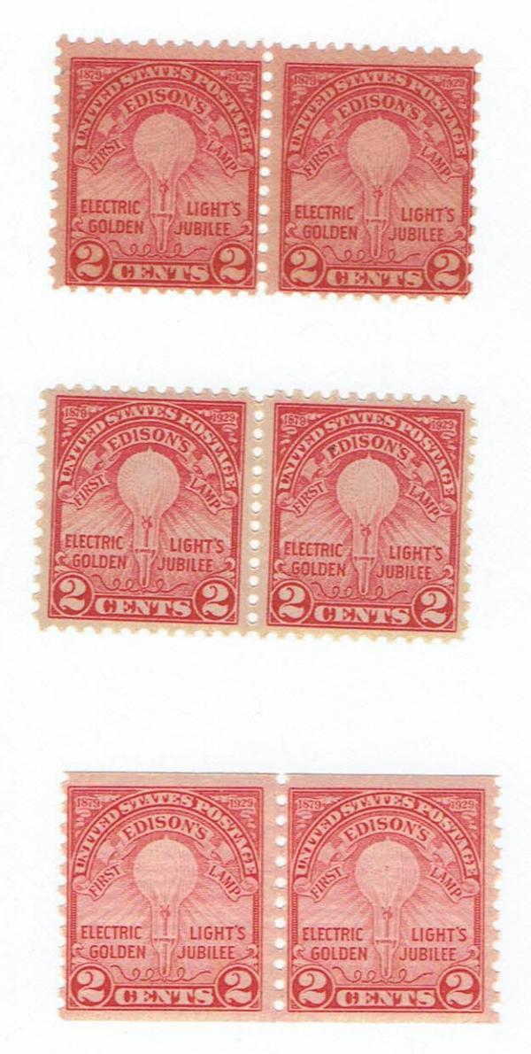 United States | Thomas Edison Commemorative Three Pairs of US Postage Stamps Different Printings Issued 1929 Stamp United States