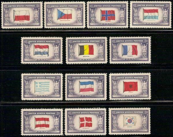 United States | WWII Overrun Countries Complete Set of Thirteen United States Postage Stamps Issued 1943-44 Stamp United States