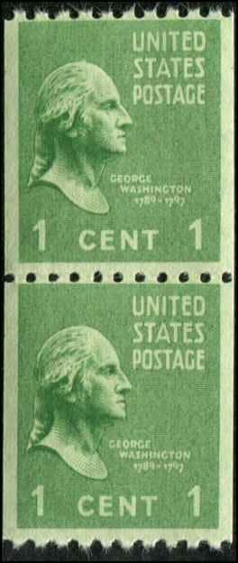 United States | 1939 George Washington Vertical Coil Pair of Two 1-Cent US Postage Stamps Mint Never Hinged Green Stamp Green