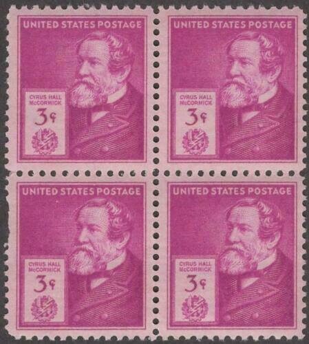 United States | 1940 Famous Americans Cyrus Hall McCormick Block of Four 3-Cent US Postage Stamps Mint Never Hinged Bright red violet Stamp Bright red violet