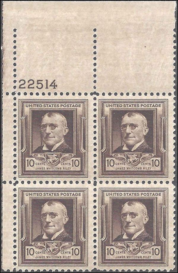 United States | 1940 James Whitcomb Riley Plate Block of Four 10-Cent US Postage Stamps Mint Never Hinged Dark brown Stamp Dark brown