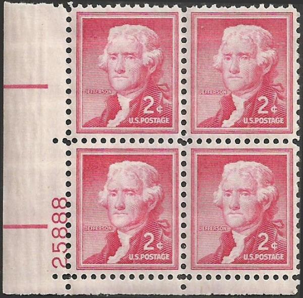 United States | 1954 Thomas Jefferson Plate Block of Four 2-Cent United States Postage Stamps Stamp United States