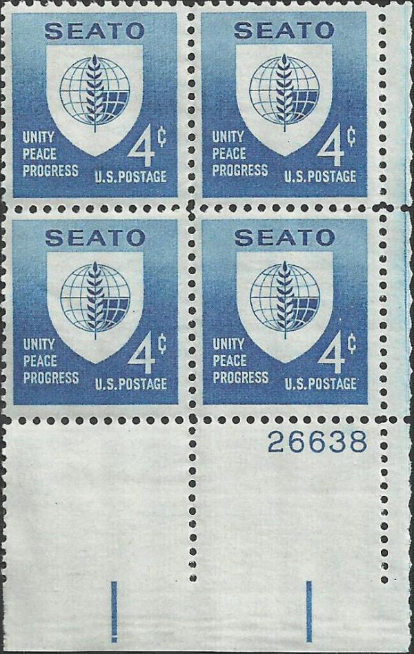 United States | 1960 SEATO Plate Block of Four 4-Cent United States Postage Stamps Blue Stamp Blue