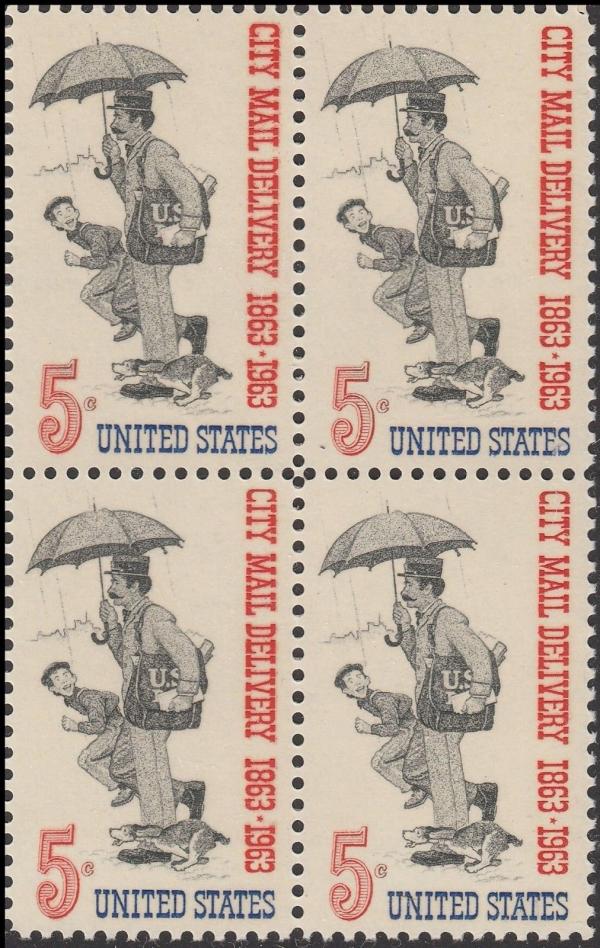 United States | 1963 City Mail Delivery Centennial Block of Four 5-Cent US Postage Stamps Mint Never Hinged Gray, dark blue, and red Stamp Gray, dark blue, & red