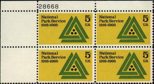 United States | 1966 National Park Service Plate Block of Four 5-Cent United States Postage Stamps Yellow, black and green Stamp United States