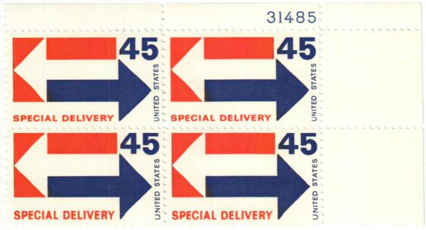 United States | 1969 Arrows Plate Block of Four 45-Cent US Special Delivery Stamps carmine and violet blue Stamp carmine & violet blue