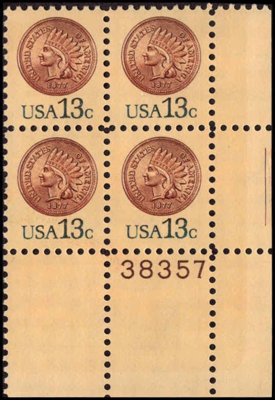 United States | 1978 Indian Head Penny Plate Block of Four 13-Cent United States Postage Stamps Brown and blue green Stamp Brown & blue green